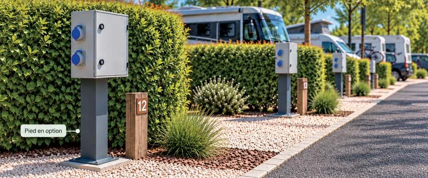 Coffrets de distribution connectés sur pied le long des emplacements camping-cars
