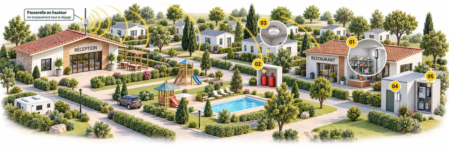Illustration d’un camping équipé : passerelle LoRaWAN à la réception et capteurs connectés sur le site