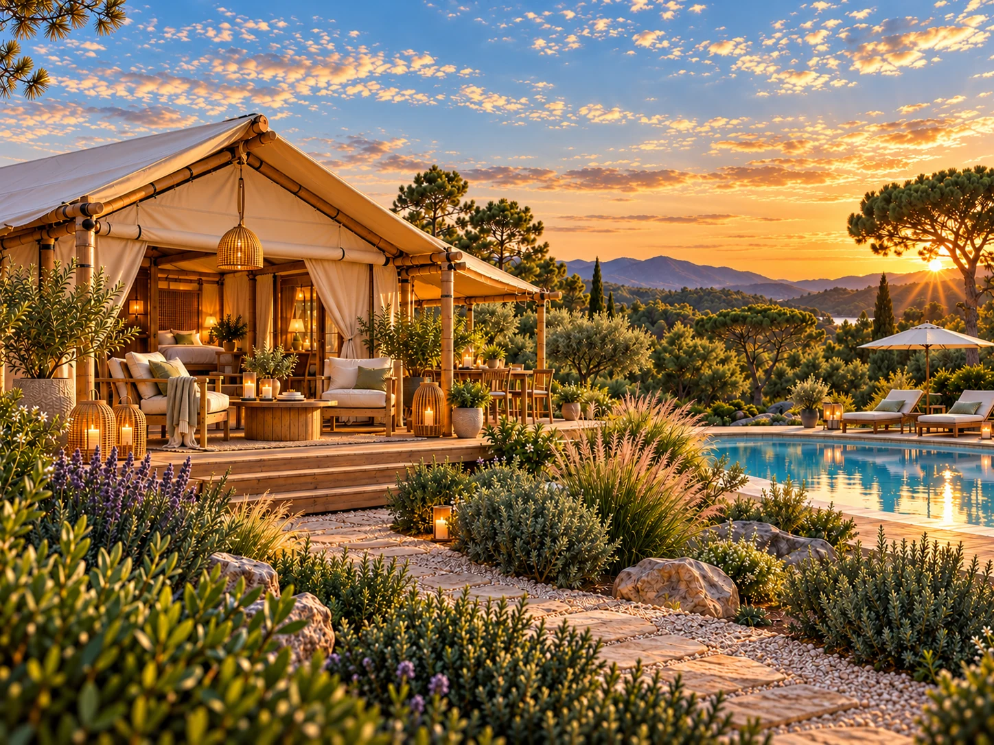 Hébergement insolite de camping au coucher du soleil
