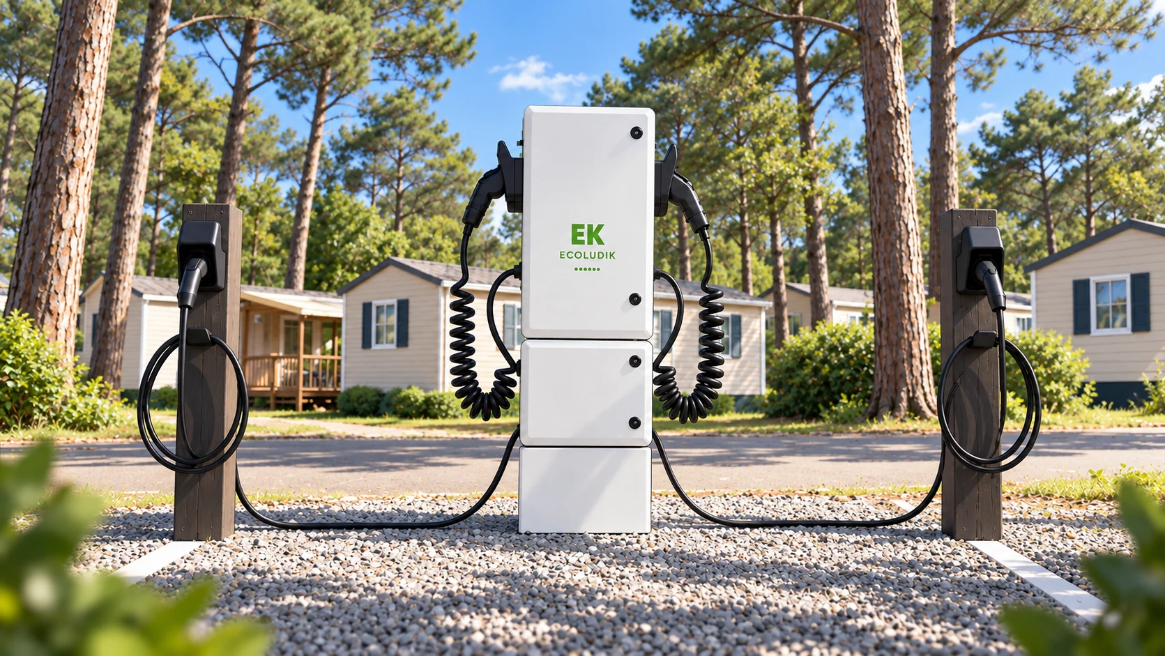 Borne de recharge PLUGY 4 prises installée sur le parking d’un camping, devant la réception