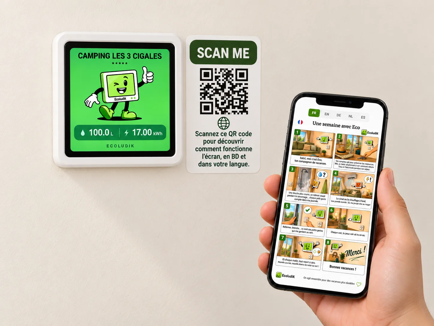 Écran EcoludiK avec QR code et smartphone affichant le support digital